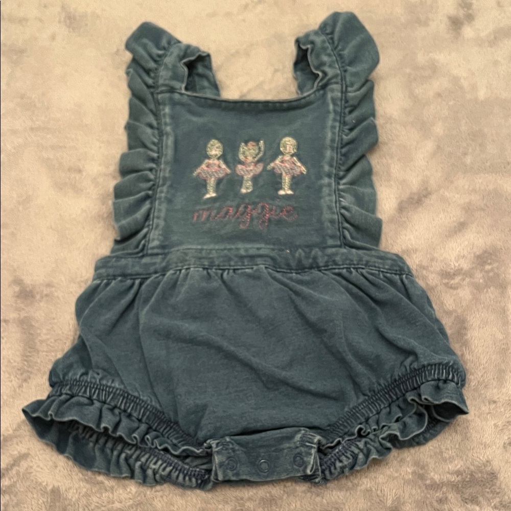 ❤️ 6 for 20 ❤️ 18-month Hand-Embroidered “Maggie” Ruffled Denim Romper